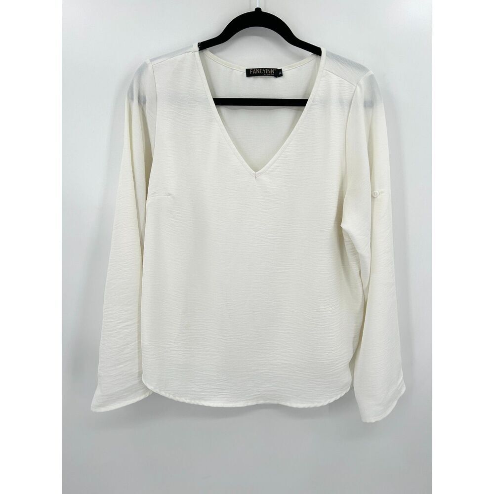 FANCYINN White V-Neck Boxy Roll Tab Sleeve Lightweight Office Blouse Top Size XL